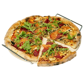 Kamień do pizzy z uchwytem i nożykiem, z kordierytu, okrągły 33 cm