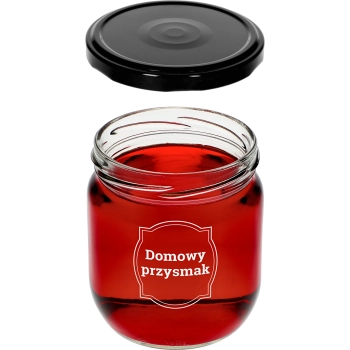 Słoik TO 425 ml z nadrukiem „Domowy przysmak” i czarną zakrętką fi 82 - 3szt.