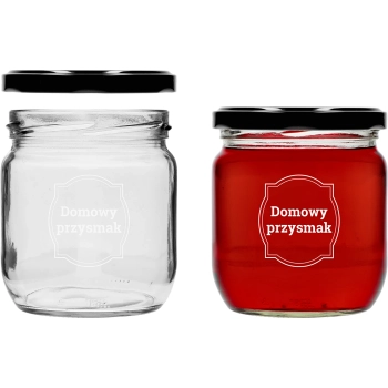 Słoik TO 425 ml z nadrukiem „Domowy przysmak” i czarną zakrętką fi 82 - 3szt.