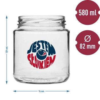 Słoik TO 580 ml fi 82 z kolorowym nadrukiem i czarną zakrętką, 3szt.