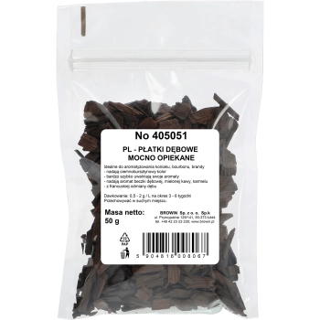 Płatki dębowe mocno opiekane do aromatyzacji alkoholi (whisky, bourbon, brandy, koniak, piwo), 50 g