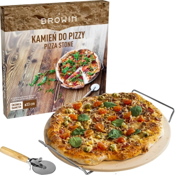 Kamień do pizzy z uchwytem i nożykiem, z kordierytu, okrągły 33 cm