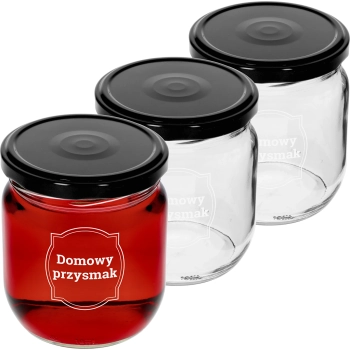 Słoik TO 425 ml z nadrukiem „Domowy przysmak” i czarną zakrętką fi 82 - 3szt.