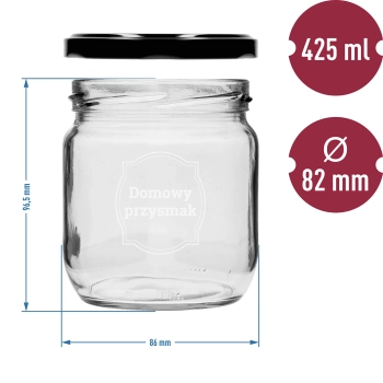 Słoik TO 425 ml z nadrukiem „Domowy przysmak” i czarną zakrętką fi 82 - 3szt.