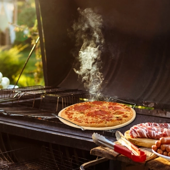 Kamień do pizzy z uchwytem i nożykiem, z kordierytu, okrągły 33 cm
