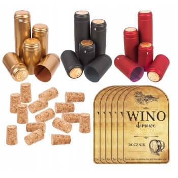 zestaw winiarski 16x korki do butelek 16x etykiety kapturki termokurczliwe